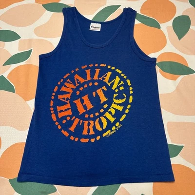 Camisa DE COLECCIÓN Hawaiian Tropic Protector Solar Sin Mangas Para Hombre Pequeña Azul Naranja Años 80 Foto 1 de 4