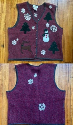 Vintage 90s Talbots 100% Lambs Wool Christmas Cottage Theme Knit Button Vest L - Image 1 of 4