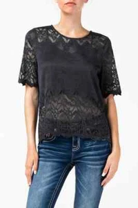 Miss Me Black Lace Top Womens Small Short Sleeve Paisley Print Bell Sleeve New - Picture 1 of 9