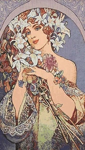 Alphonse Mucha Art Nouveau Fleur Beautuful Lady Tapestry Wall Hanging 16" X 28" - Picture 1 of 1