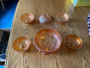 Mint Orange Berry Floral Iridescent Carnival Glass Bowl Set of 6 Great Condition - Picture 1 of 6