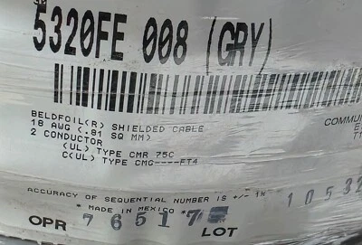 Belden Wire 5320FE 18/2C Solid Shielded Control/Audio Cable Riser CMR Gray /50ft - Image 1 of 4