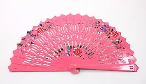 Pink Double Sided Wooden Spanish Floral Print Hand Folding Fan Party Gift - Picture 1 of 3