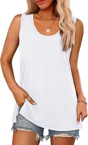 Women'S Side Slit Tank Tops Flowy Sleeveless Shirts Loose Fit Scoop Neck Tops Ba - Picture 1 of 6