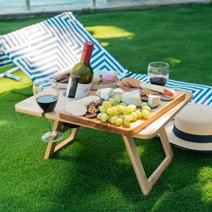 Clevinger Foldable 48cm Bamboo Picnic Travel Table w/ Wine Bottle/Glass Holder - Picture 1 of 9