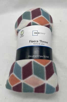MainStay Geometrical Cubes Aquamarine, orange, mauve Theme 50x60 fleece throw - Image 1 of 4