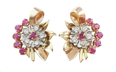 Retro Burmese Ruby Transitional Cut Diamond 18k Rose Gold Earrings - Image 1 of 4