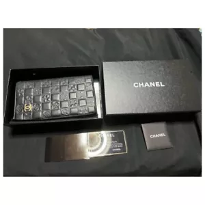 Authentic CHANEL Icon Line Coco Mark Bi-fold Long Wallet Black leather w/Box - Picture 1 of 5