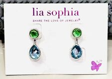 Lia Sophia "Petalescent” Silver Tone Drop Earrings w/Blue & Green Cut Crystals