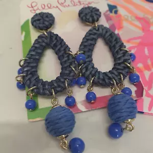 Lilly Pulitzer Blue Raffia Earrings New Teardrop Chandelier Earrings & Pouch - Picture 1 of 10