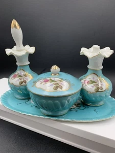 Vintage Japan Hand-Painted Vanity/Dresser Set Blues & Florals - Picture 1 of 17
