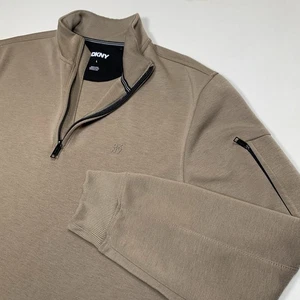 DKNY 1/4 Zip Long Sleeve Pullover Sweater Men's Large Brown Stretch Zip Pocket - Picture 1 of 11