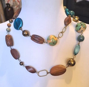 VINTAGE STATEMENT Necklace 1970/80s Ceramic/Wood/Glass  Beads Antique Gold Tone. - Picture 1 of 12