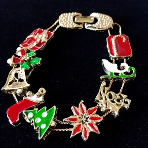Vintage Weihnachten Urlaub Slide Charm emailliertes Armband goldfarben 7 Zoll Goldette - Bild 1 von 10
