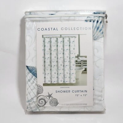 Coastal Collection Watercolor Shell Shower Curtain 72x72 Light Beige Blue white - Image 1 of 4