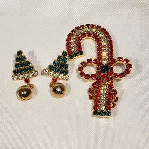 Sparkling Faux Rhinestone Christmas Candy Cane Pin and Tree Earrings Set A708 - Picture 1 of 10