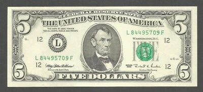 United States of America 5 Dollars 1995; UNC; F-1985L; Lincoln; San Francisco - Image 1 of 2