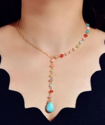 UNIQUE Turquoise Teardrop Multi Stone Beads Gold Chain Asymmetric Drape Necklace - Image 1 of 4