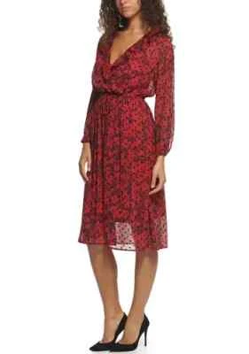 NWT $149 Tommy Hilfiger Long Sleeve Ruffle V-Neck Red/Black Chiffon Midi Dress - Image 1 of 3