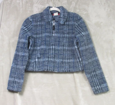 Chaqueta corta vintage Esprit azul gris a cuadros polar para mujer talla pequeña Foto 1 de 4