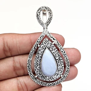 Lace Agate Pendant Blue Silver Jewelry 2.75" Gemstone Quartz Tanzanite - Picture 1 of 10