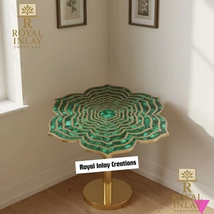 Malachite Lotus Accent Brass TableTop w/o Stand , Lapis Gemstone Side Table - Picture 1 of 13