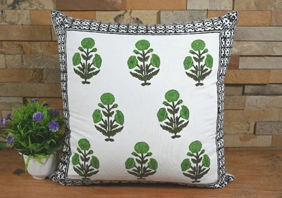 Funda de cojín de algodón estampada en bloques de mano Funda de almohada con estampado de bordes indios Foto 1 de 4