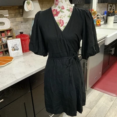 Old Navy Womens Size Small Linen Blend Wrap Dress Puff Sleeve Black Neutral New - Image 1 of 4