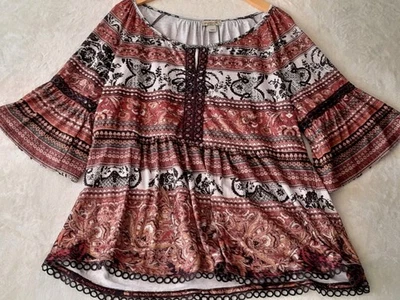 One World Boho Crochet Accent Flared Sleeve Paisley Flowy Casual Size 1X Top  - Image 1 of 4