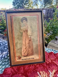 Vintage Budweiser Mädchen Werbung Bier Litho Druck gerahmt - Bild 1 von 12