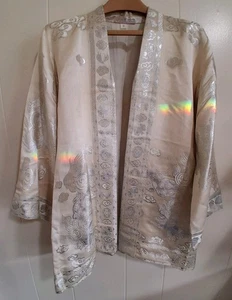 Japanese Pure Silk Kimono Style Jacket Ivory & Silver Embroidered Dragons Small - Picture 1 of 15