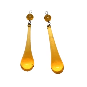 Vintage 3 1/4” Amber Glass Crystal Teardrop Chandelier Sconce Prisms Set of 2 - Picture 1 of 6