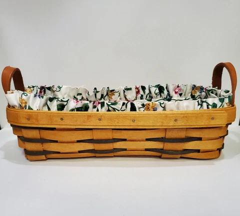 Longaberger 1999 Bread Basket W/ Leather Handles Floral Liner & Protector Vtg Cover