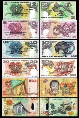 Papua New Guinea 6 Pcs UNC Set, 2 5 10 20 50 100 Kina 1981 2008 - Image 1 of 4