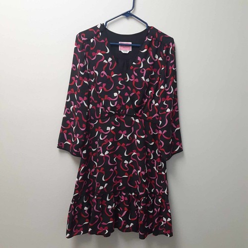Abito Kate Spade Nero Rosa Rosso Stampa Nastro Ruffle Taglia 6 Ottime Condizioni