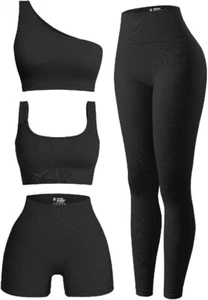 Women's 4 Piece Outfits Ribbed Exercise Active Set NEW - Picture 1 of 4