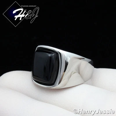 MEN's Stainless Steel Rectangle Black Onyx Silver Ring Size 8-13*TR110 - Image 1 of 3