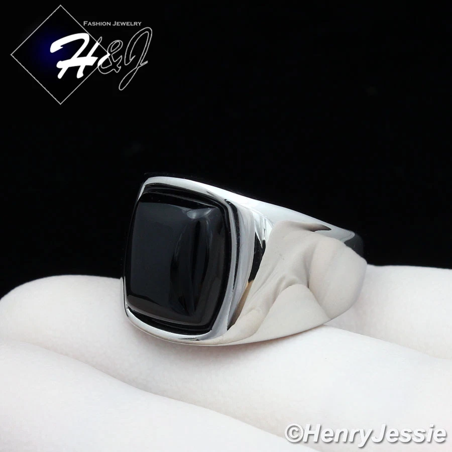 MEN's Stainless Steel Rectangle Black Onyx Silver Ring Size 8-13*TR110 - Image 1 of 3