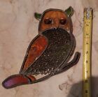 Owl Suncatcher Vintage Stained Glass & Metal Orange Green Red 