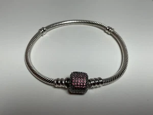 Pandora Snake Chain Bracelet With Pink Pave Barrel Clasp 6.75” Retired - Picture 1 of 5