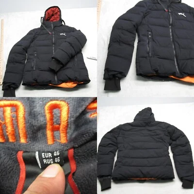 Puma Jacket Mens Small Black Hood FullZip Fleece Lined Quilted Thick Puffer READ - Image 1 of 4