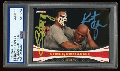 Tarjeta automática Kurt Angle + Sting doble firma PSA/DNA 2009 TNA Tristar #80 patio Foto 1 de 2