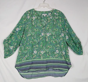 Camicetta Kim Rogers donna verde floreale paisley rotolo linguetta manica collo diviso taglia XL - Foto 1 di 7