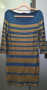 Phase Eight Navy Gold Pailletten 3/4 Jersey Ärmel UK14 EU42 US10 Streifen Kleid Damen - Bild 1 von 13