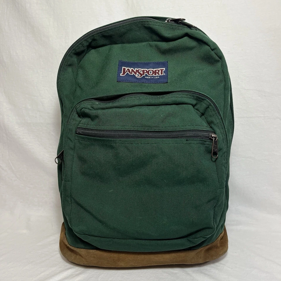 复古 JanSport 麂皮绒底部背包绿色帆布皮革底部美国制造 — 第 1/4 张图片