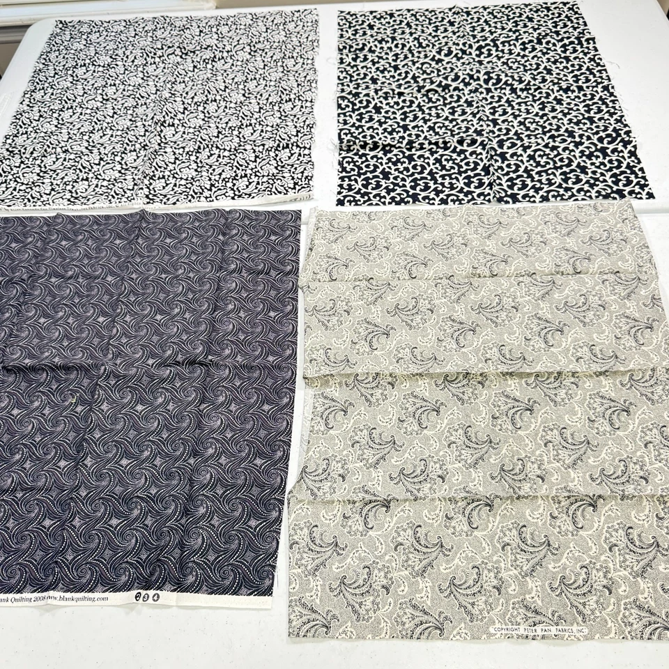 Juego de 3 remolinos florales negros tela acolchado algodón en blanco Foto 1 de 4