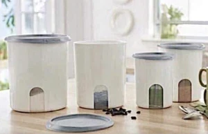 Tupperware Brand New One Touch Reminder Canisters Set White w/ Silver Seals - Picture 1 of 1