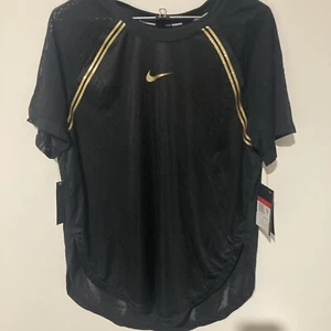 Nike Womens T-Shirt Size L Black Gold Logo Short Sleeve Top - Picture 1 of 9