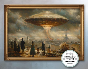 Vintage UFO Oil Painting, Country Alien Print, Science Fiction, Sci-Fi Print - Picture 1 of 4
