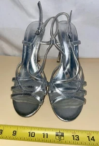 Aldo Silver Strappy High Heels Size 37 Genuine Leather Soles Sandals US 6.5 VTG - Picture 1 of 14